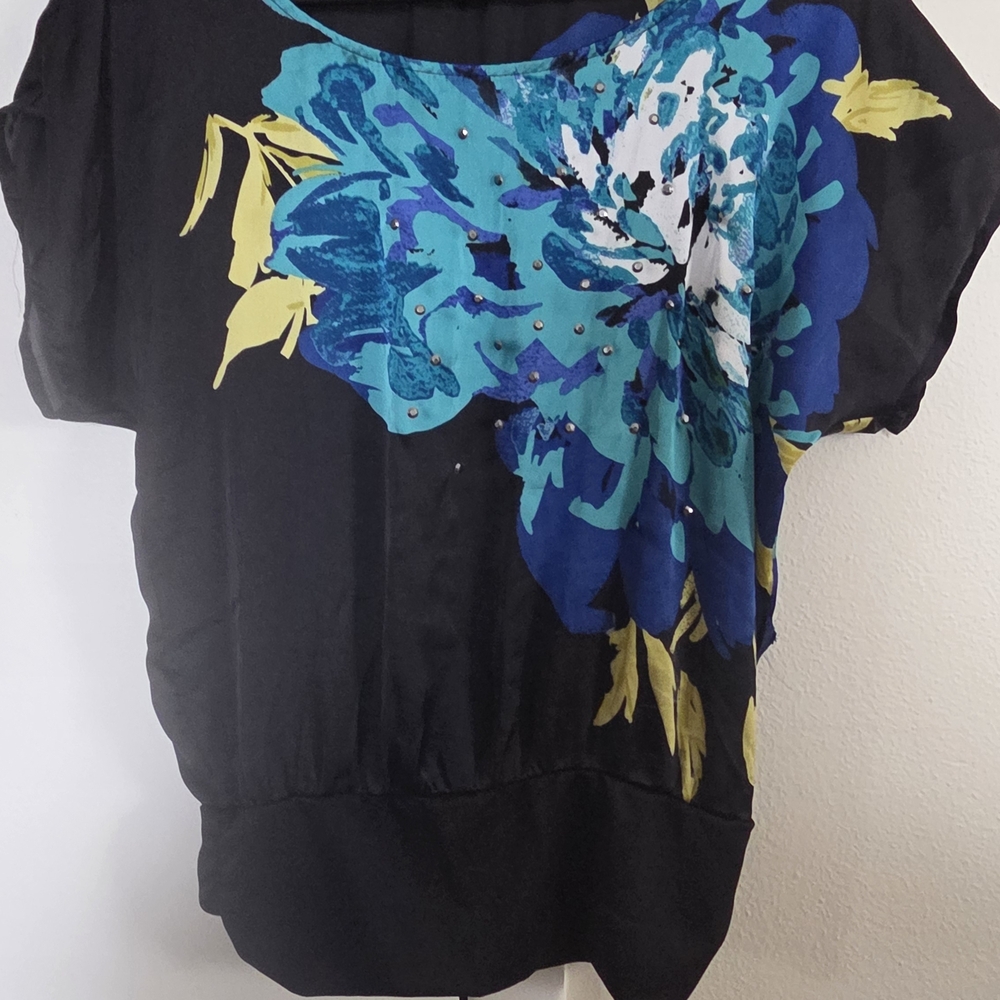 My Michelle Black Blouse with Vibrant Blue and Yellow Floral